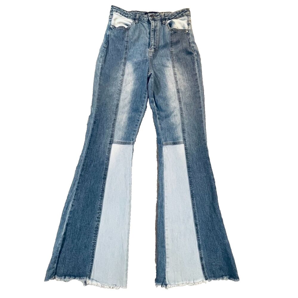 Almost Famous Patchwork Flare Jeans Raw Frayed Hem Sz 11 Stretch Retro 70s Vibe